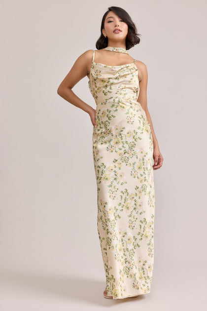 Satin Floral Print Mega Swatch | Pale Yellow Blossom