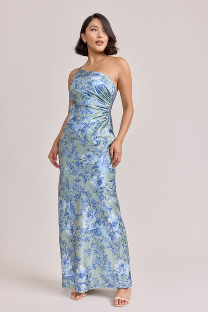 Satin Floral Print Mega Swatch | Sage and Sky Blue Meadow Blooms