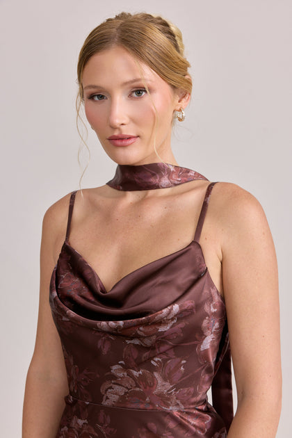 Satin Floral Print Skinny Scarf | Made To Order | Mahogany Blooms