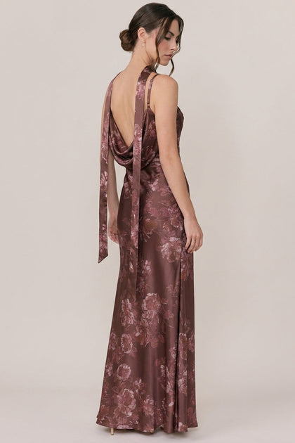 Satin Floral Print Skinny Scarf | Made To Order | Mahogany Blooms