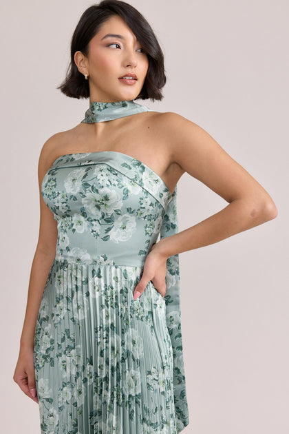 Satin Floral Print Skinny Scarf | Made To Order | Sage Blossom
