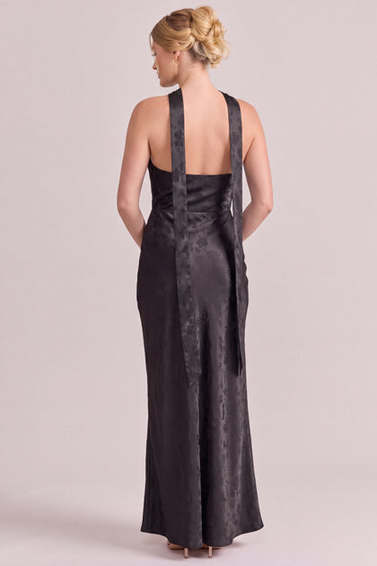 Satin Jacquard Skinny Scarf | Black
