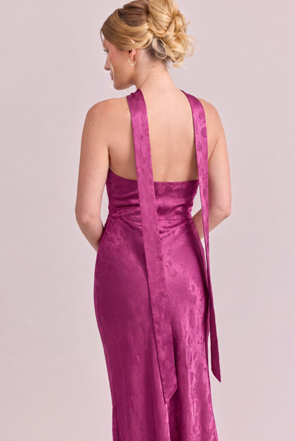 Satin Jacquard Skinny Scarf | Fuchsia