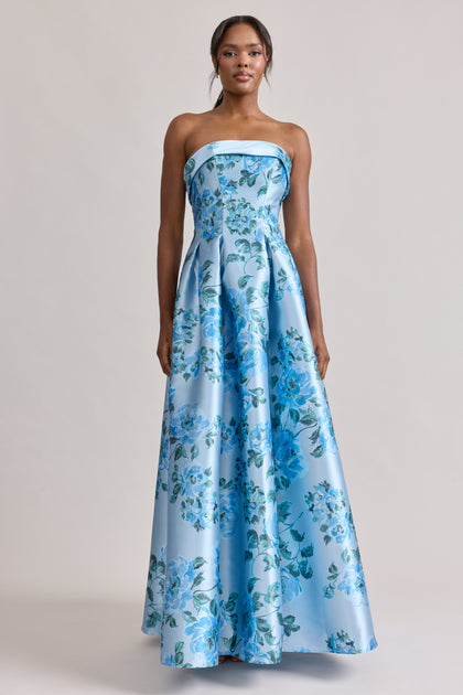 Savannah Floral Print Mikado Dress | Sky Blue Blossom