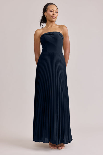 Saylor Chiffon Pleated Dress | Made To Order | Navy Blue