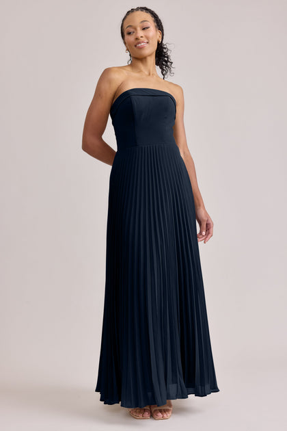 Saylor Chiffon Pleated Dress | Made To Order | Navy Blue