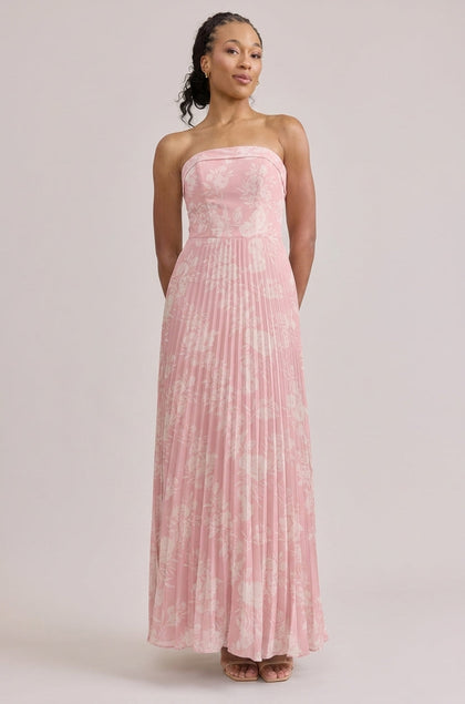Saylor Chiffon Pleated Floral Print Dress | Made To Order | Blush Bouquet