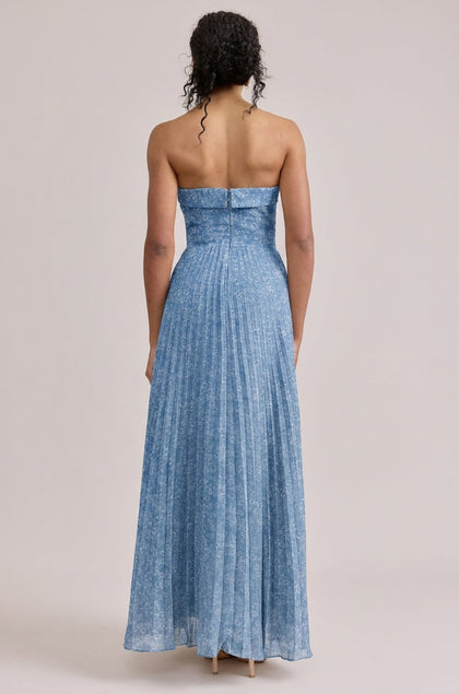 Saylor Chiffon Pleated Floral Print Dress | Made To Order | Dusty Blue Posey