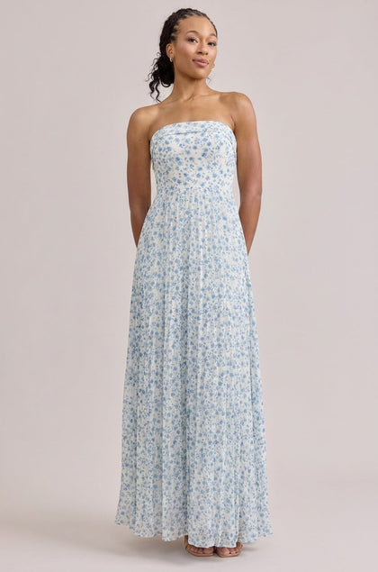 Saylor Chiffon Pleated Floral Print Dress | Made To Order | French Blue Posey