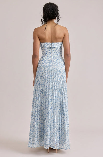 Saylor Chiffon Pleated Floral Print Dress | Made To Order | French Blue Posey
