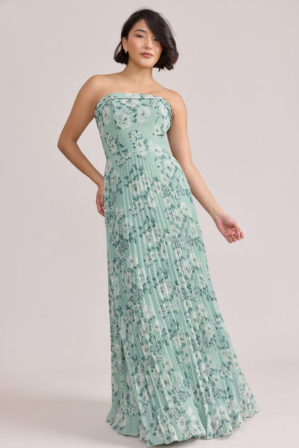 Saylor Chiffon Pleated Floral Print Dress | Made To Order | Sage Blossom