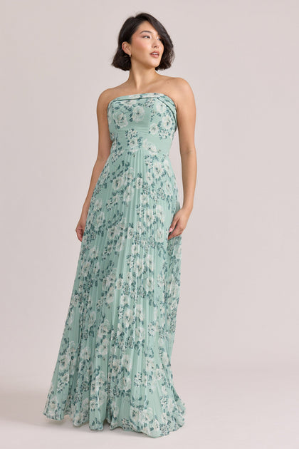 Saylor Chiffon Pleated Floral Print Dress | Made To Order | Sage Blossom