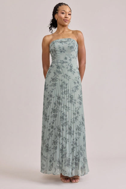 Saylor Chiffon Pleated Floral Print Dress | Made To Order | Sage Bouquet