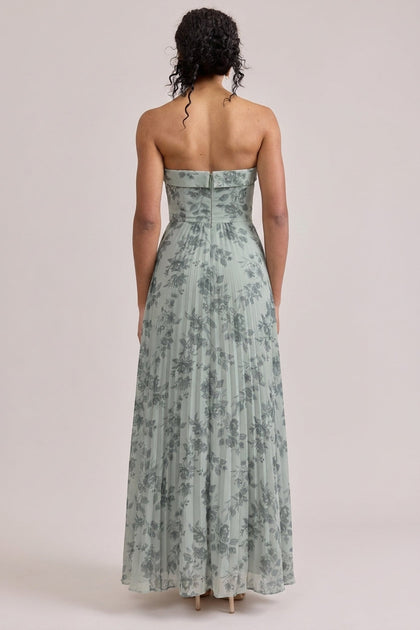 Saylor Chiffon Pleated Floral Print Dress | Made To Order | Sage Bouquet