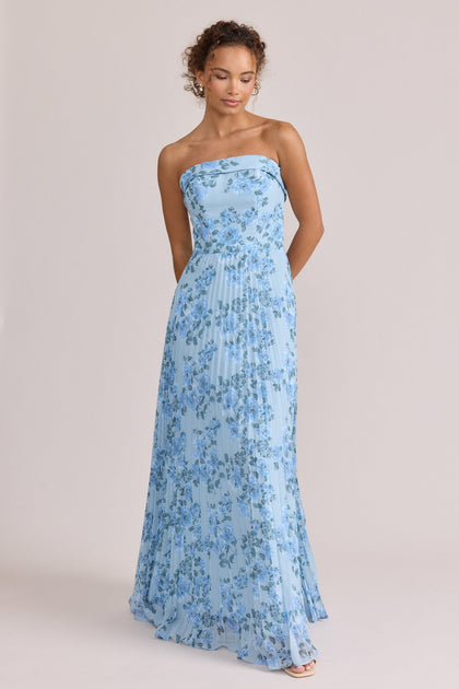 Saylor Chiffon Pleated Floral Print Dress | Made To Order | Sky Blue Blossom