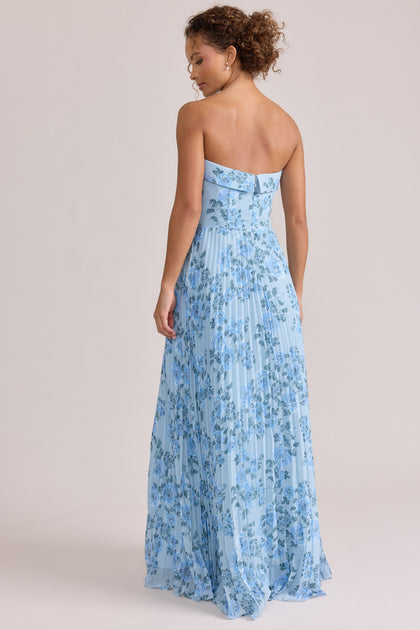 Saylor Chiffon Pleated Floral Print Dress | Made To Order | Sky Blue Blossom