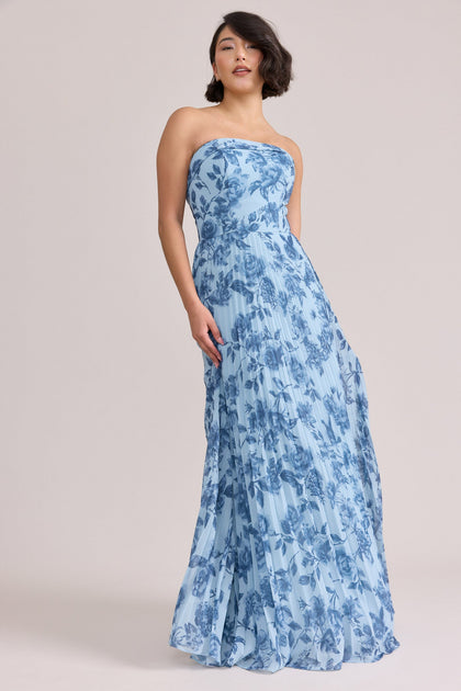Saylor Chiffon Pleated Floral Print Dress | Made To Order | Sky Blue Garden