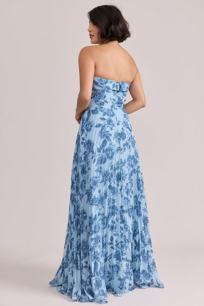 Saylor Chiffon Pleated Floral Print Dress | Made To Order | Sky Blue Garden