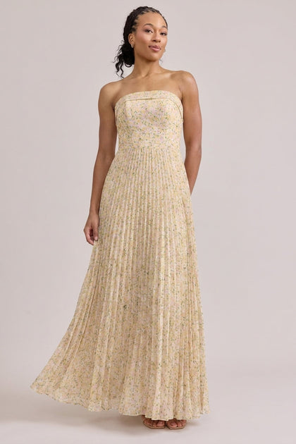 Saylor Chiffon Pleated Floral Print Dress | Made To Order | Yellow Posey