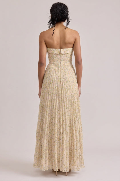 Saylor Chiffon Pleated Floral Print Dress | Made To Order | Yellow Posey