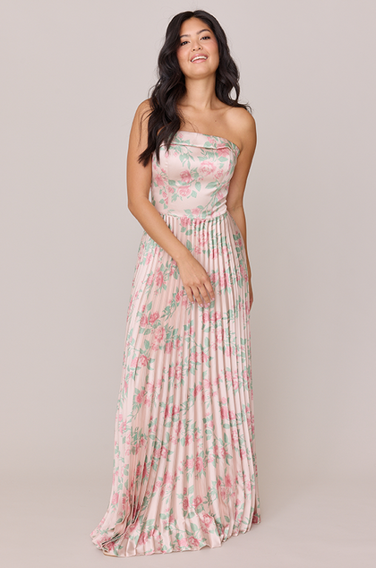 Saylor Satin Pleated Floral Print Dress | Made To Order | Blushing Bride Bouquet