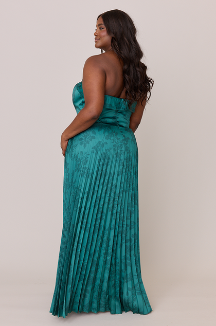 Saylor Satin Pleated Floral Print Dress | Made To Order | Classic Emerald Bouquet