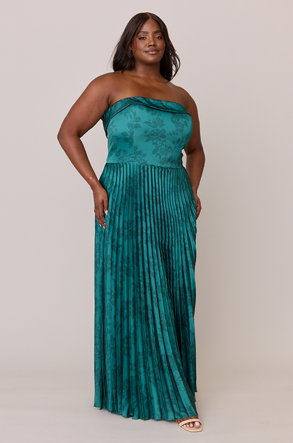 Saylor Satin Pleated Floral Print Dress | Made To Order | Classic Emerald Bouquet