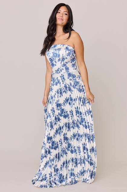 Saylor Satin Pleated Floral Print Dress | Made To Order | Dusty Blue Bouquet