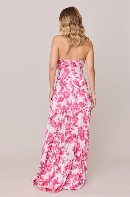 Saylor Satin Pleated Floral Print Dress | Made To Order | Hot Pink Garden