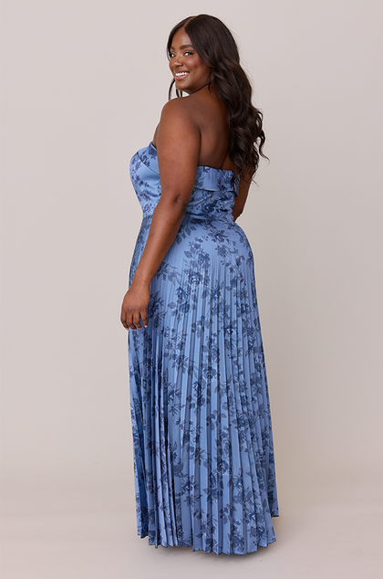 Saylor Satin Pleated Floral Print Dress | Made To Order | Indie Blue Bouquet