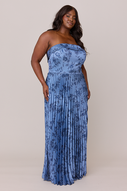 Saylor Satin Pleated Floral Print Dress | Made To Order | Indie Blue Bouquet