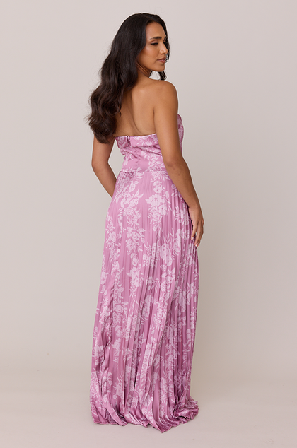 Saylor Satin Pleated Floral Print Dress | Made To Order | Mauve Pink Bouquet