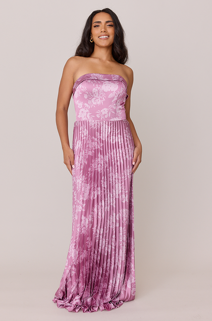 Saylor Satin Pleated Floral Print Dress | Made To Order | Mauve Pink Bouquet