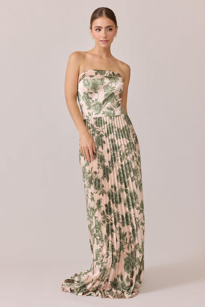 Saylor Satin Pleated Floral Print Dress | Made To Order | Moss Garden