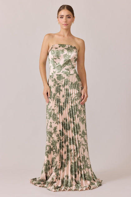 Saylor Satin Pleated Floral Print Dress | Made To Order | Moss Garden