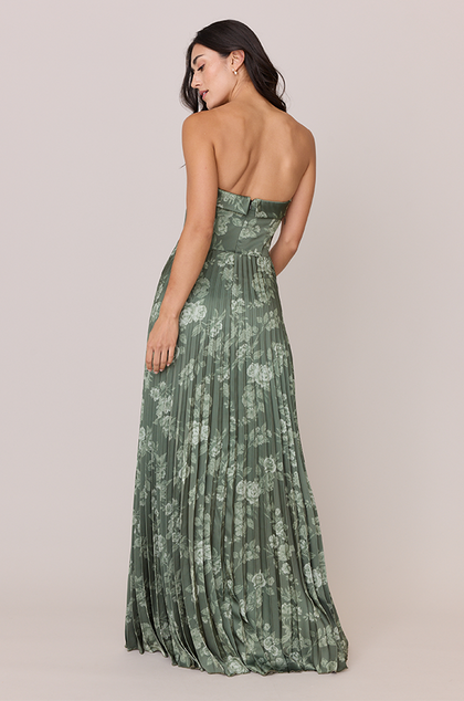 Saylor Satin Pleated Floral Print Dress | Made To Order | Olive Bouquet