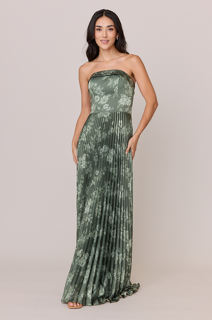 Saylor Satin Pleated Floral Print Dress | Made To Order | Olive Bouquet