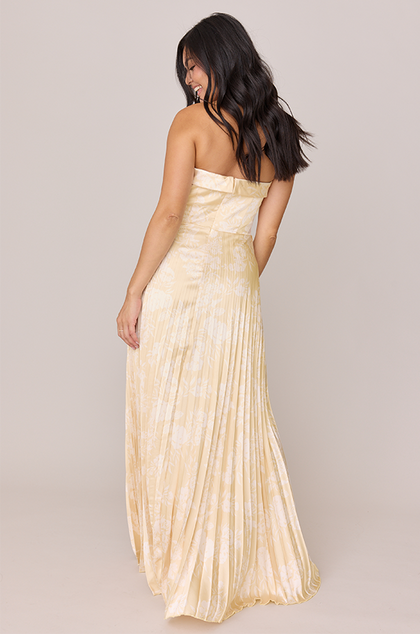 Saylor Satin Pleated Floral Print Dress | Made To Order | Pale Yellow Bouquet