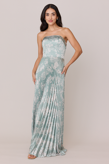 Saylor Satin Pleated Floral Print Dress | Made To Order | Sage and Champagne Bouquet