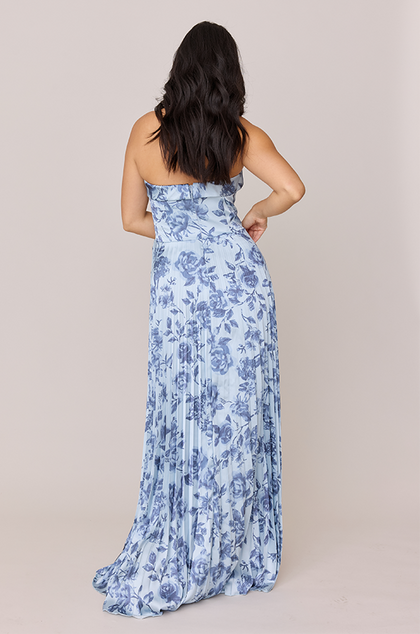 Saylor Satin Pleated Floral Print Dress | Made To Order | Sky Blue Garden