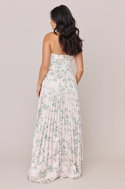 Saylor Satin Pleated Floral Print Dress | Made To Order | Soft Champagne Bouquet