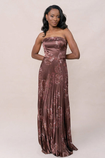 Saylor Satin Pleated Floral Print Dress | Made To Order | Mahogany Blooms