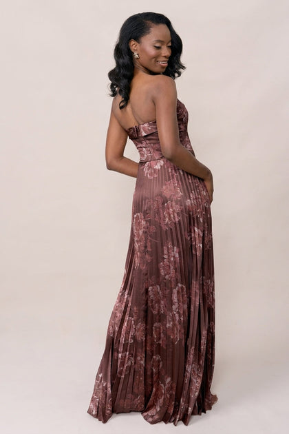 Saylor Satin Pleated Floral Print Dress | Made To Order | Mahogany Blooms