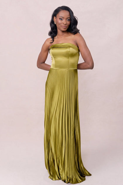 Saylor Satin Pleated Dress | Made To Order | Chartreuse