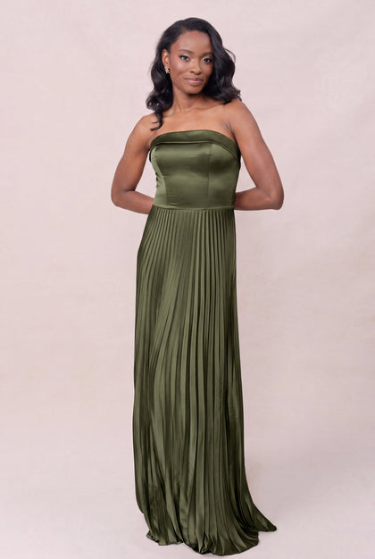 Saylor Satin Pleated Dress | Made To Order | Deep Olive
