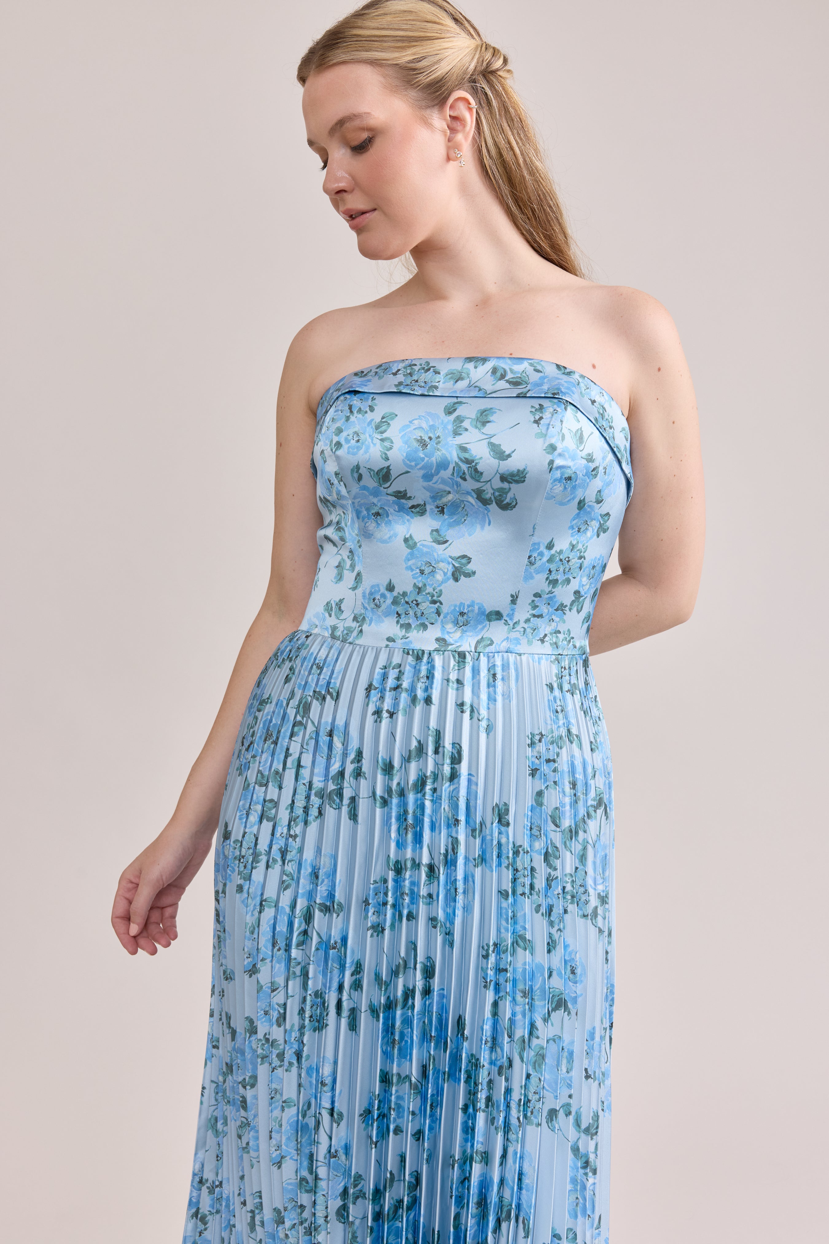zara blue long dress Saylor Satin Pleated Floral Print Dress