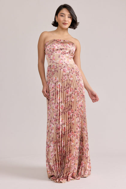 Saylor Satin Pleated Floral Print Dress | Made To Order | Honey Beige Blossom
