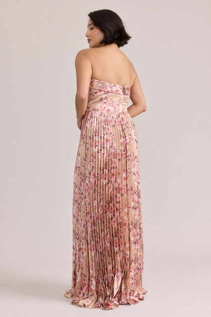 Saylor Satin Pleated Floral Print Dress | Made To Order | Honey Beige Blossom