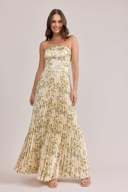 Saylor Satin Pleated Floral Print Dress | Made To Order | Pale Yellow Blossom