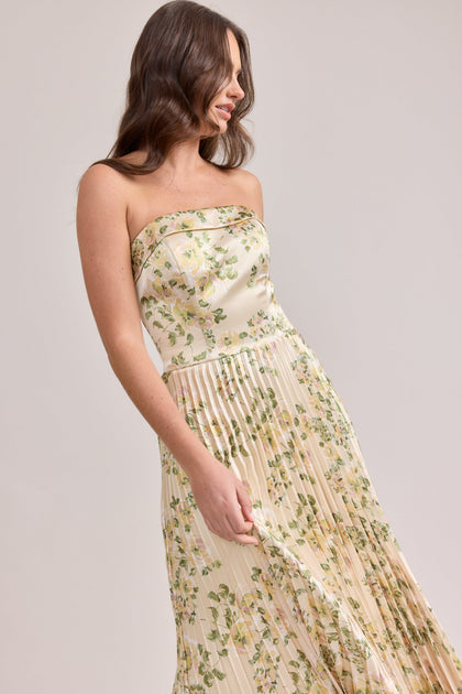 Saylor Satin Pleated Floral Print Dress | Made To Order | Pale Yellow Blossom